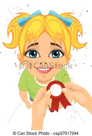 EPS Vector of man's hands pins an award ribbon to chest of little.