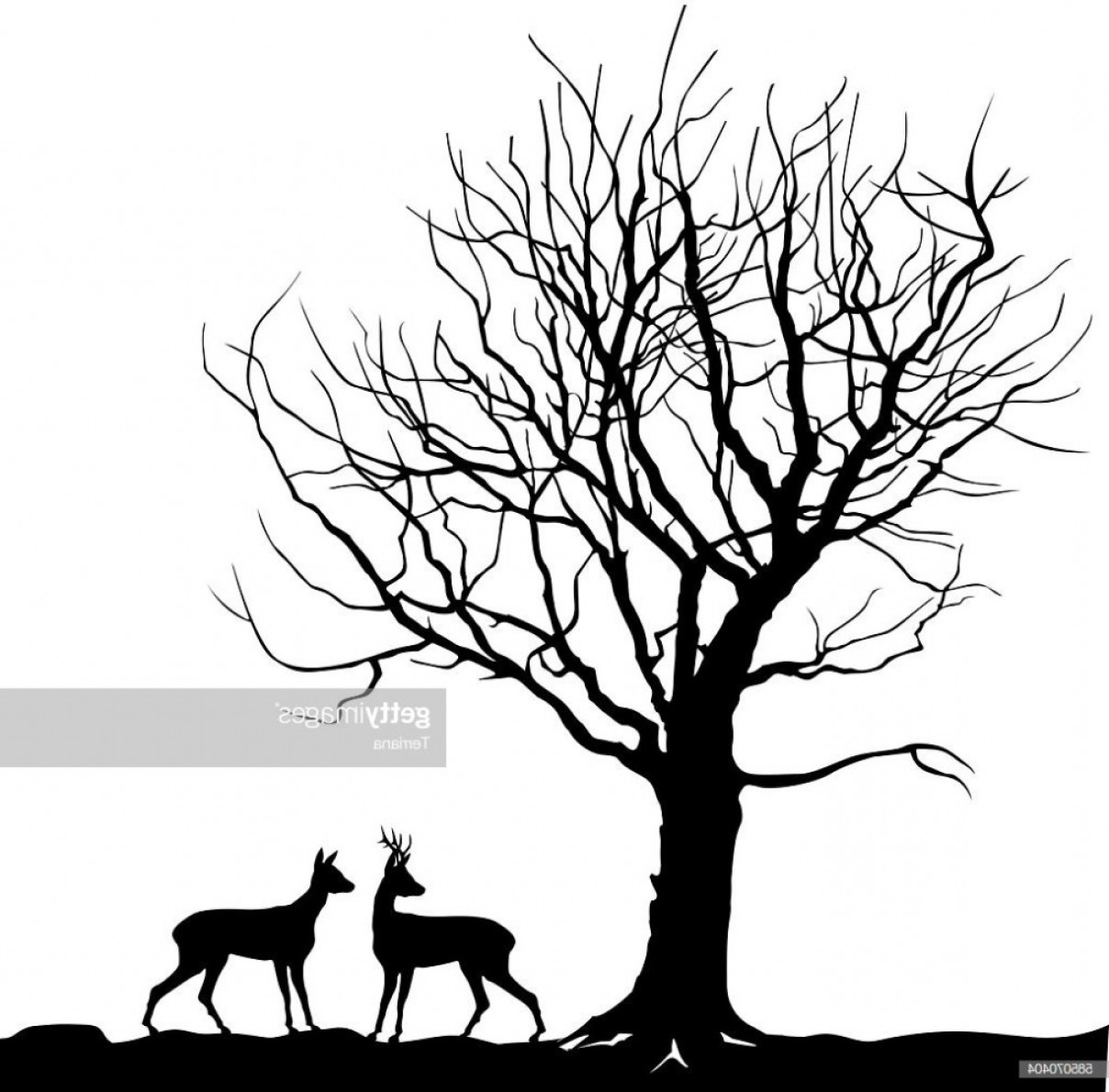 Winter Landscape With Deer Clip Art.