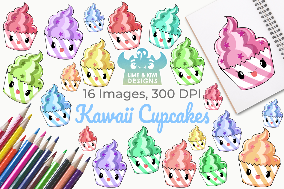 Kawaii Cupcakes Clipart, Instant Download Vector Art.