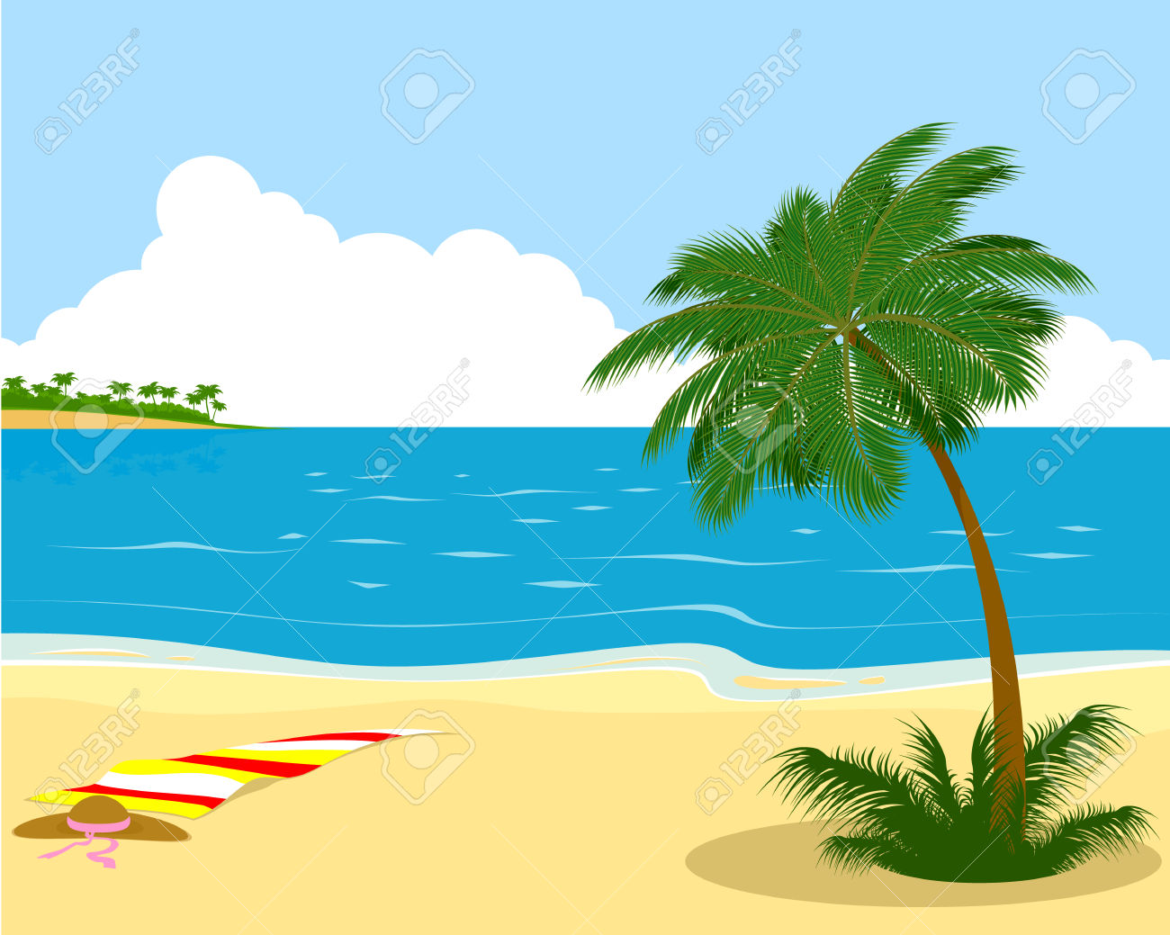 Vector Illustration Of The Sea Shore With Palm Tree Royalty Free.