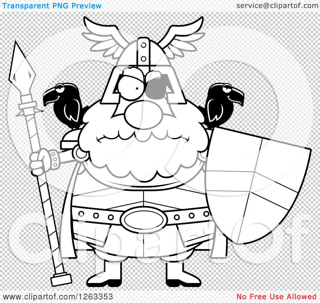 Clipart of a Black and White Cartoon Chubby Mad Odin with a Spear.