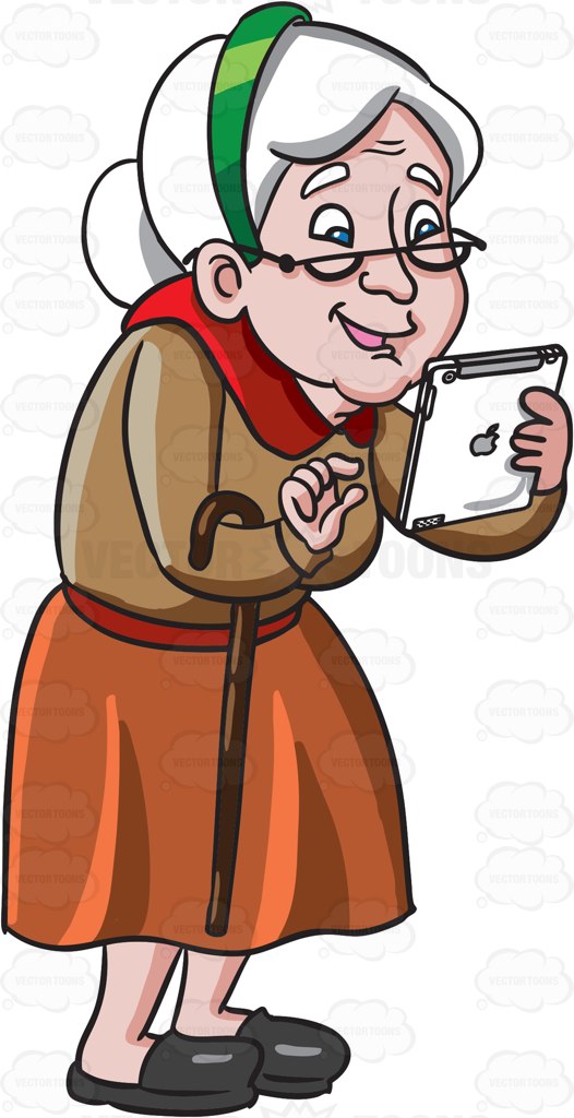 An Old Woman Playing Games In Her Mobile Tablet Cartoon Clipart.