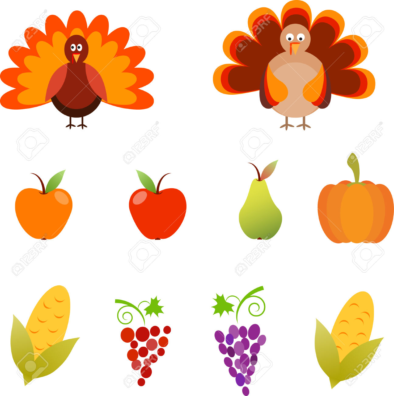 Turkey, Isolated Thanksgiving Turkey Vectors, Apples, Pear.