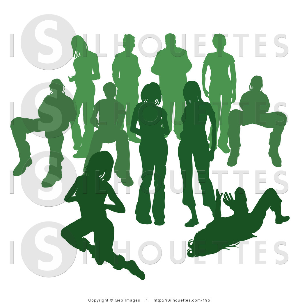 Silhouette Clipart of a Crowd of Green Silhouetted People.