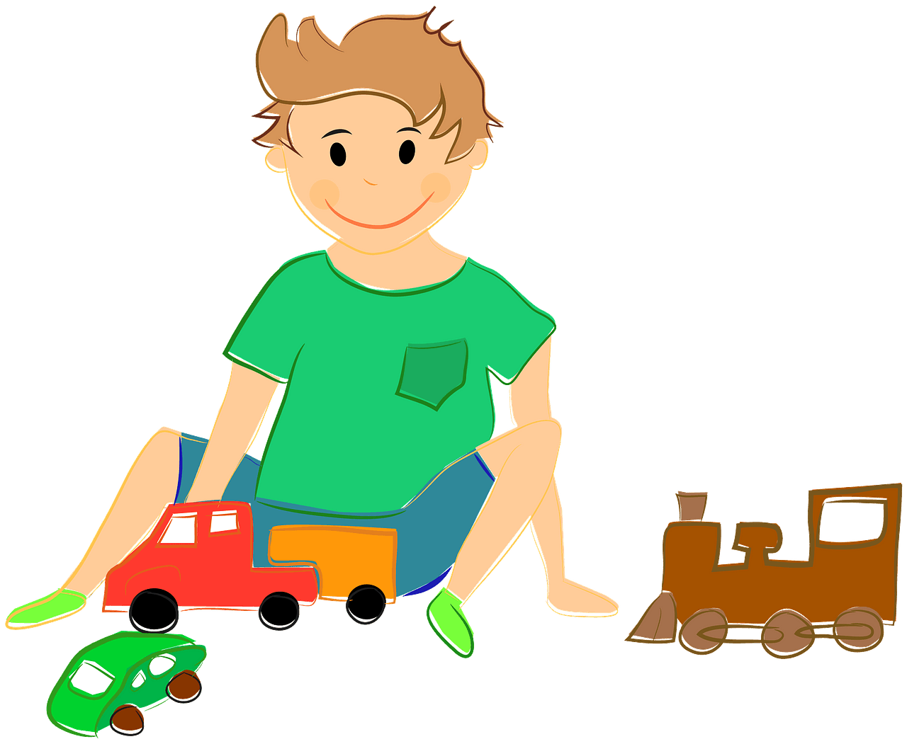 Boy playing with toy cars and train clipart. Free download.