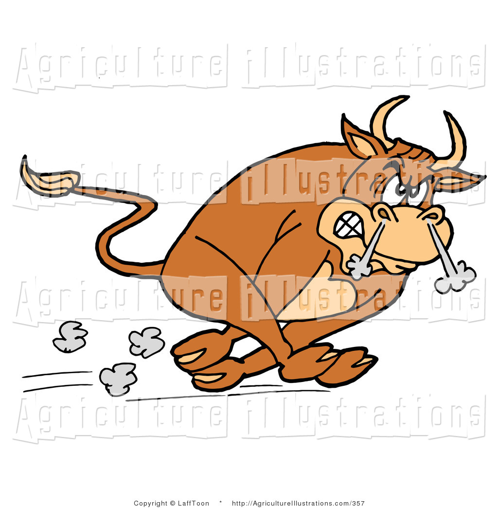 Agriculture Clipart of an Angry Raging Brown Charging Bull Running.