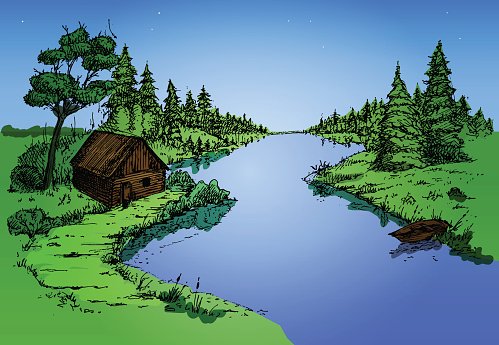 River flowing across beautiful forest Clipart Image.