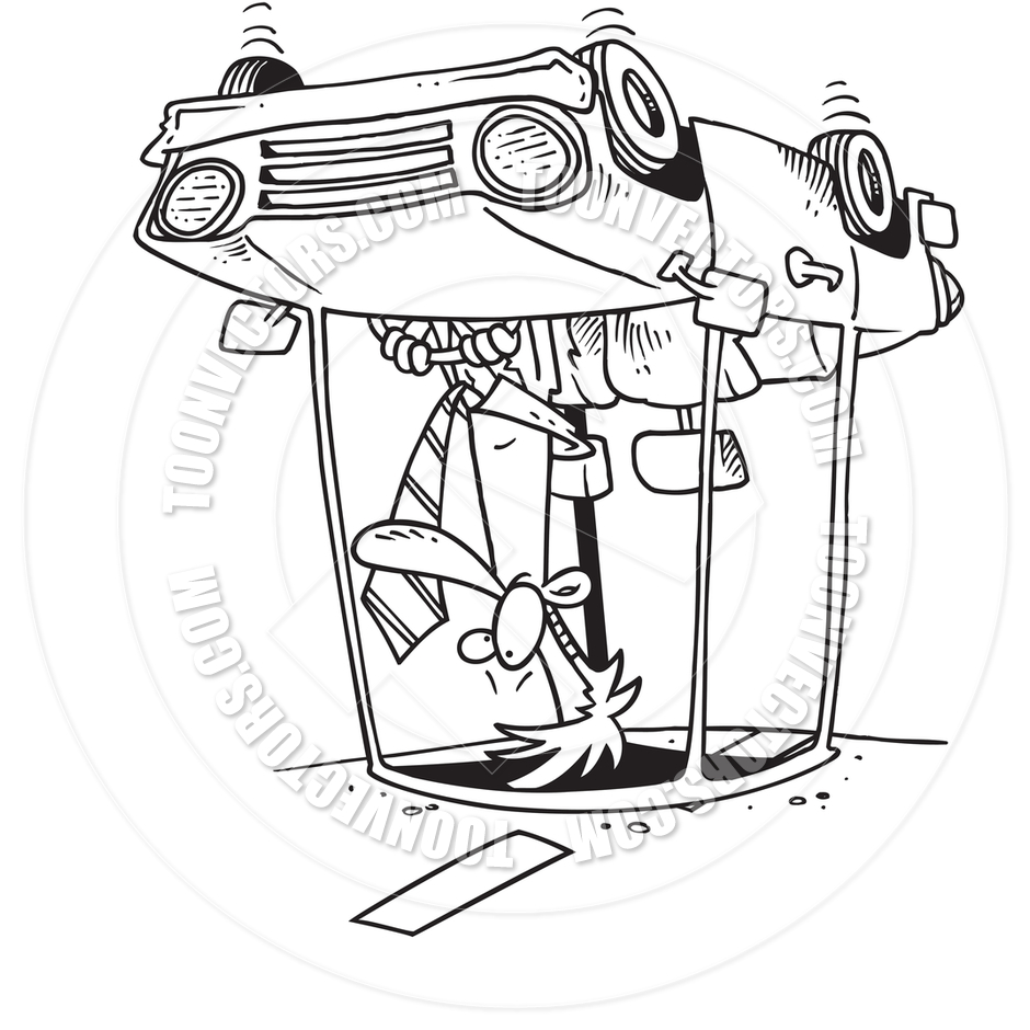 Cartoon Car Rollover (Black and White Line Art) by Ron Leishman.