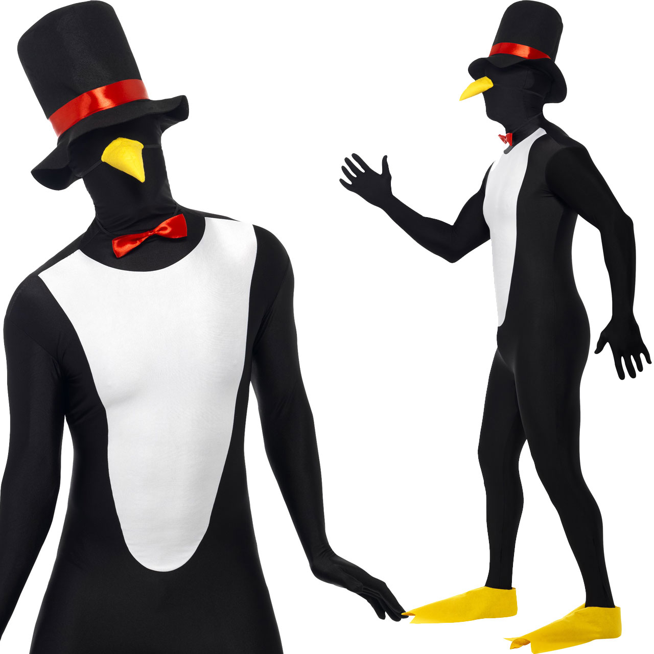 Herren Ganzkörperanzug Second Skin Pinguin Hut Schnabel Fliege Gr.