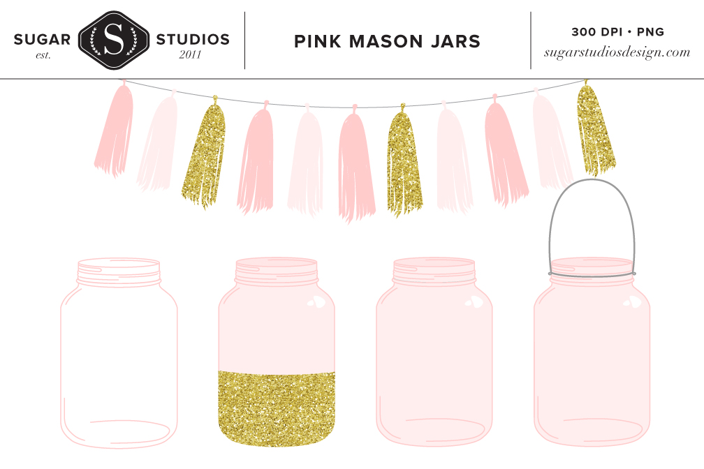 Pink Mason Jars with Tassel Clip Art.