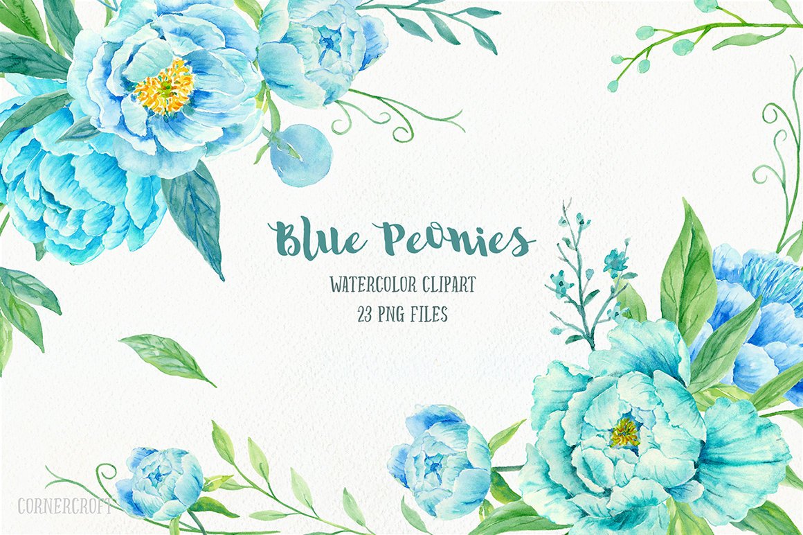 Peony Clip Art, Watercolor blue peony clipart, blue peonies, decorative  elements, floral arrangements for instant download.