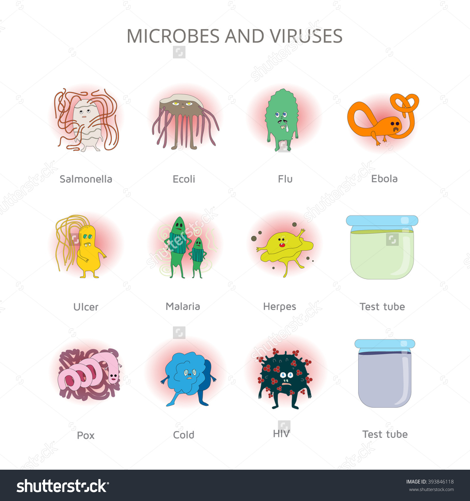 Drawn Vector Humanized Viruses Microbes Testtube Stock Vector.