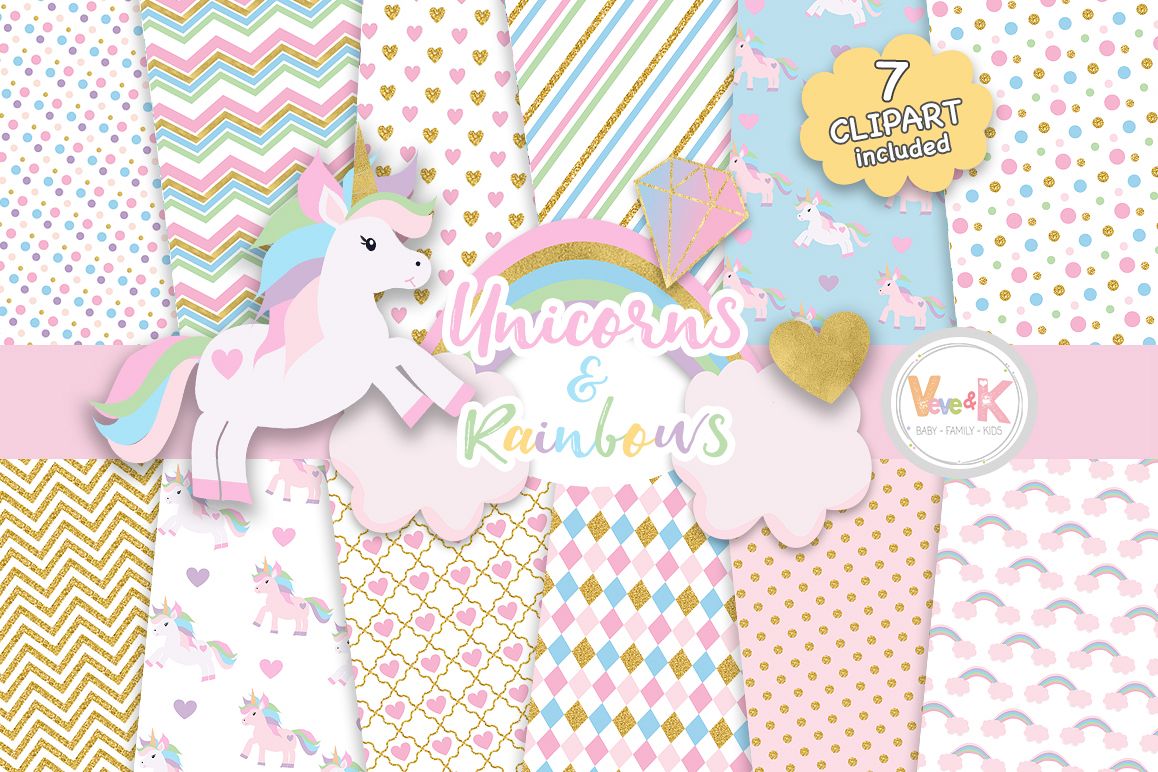 Unicorns Clipart, Rainbow Clipart, Unicorn Digital Papers, Rainbow Clipart,  Rainbow Papers, Unicorn Baby Shower, Gold Glitter Unicorn.