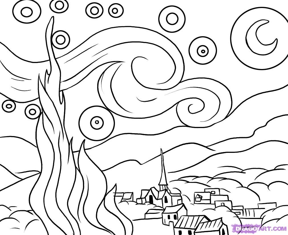 Starry Night by Van Gogh Coloring Page.