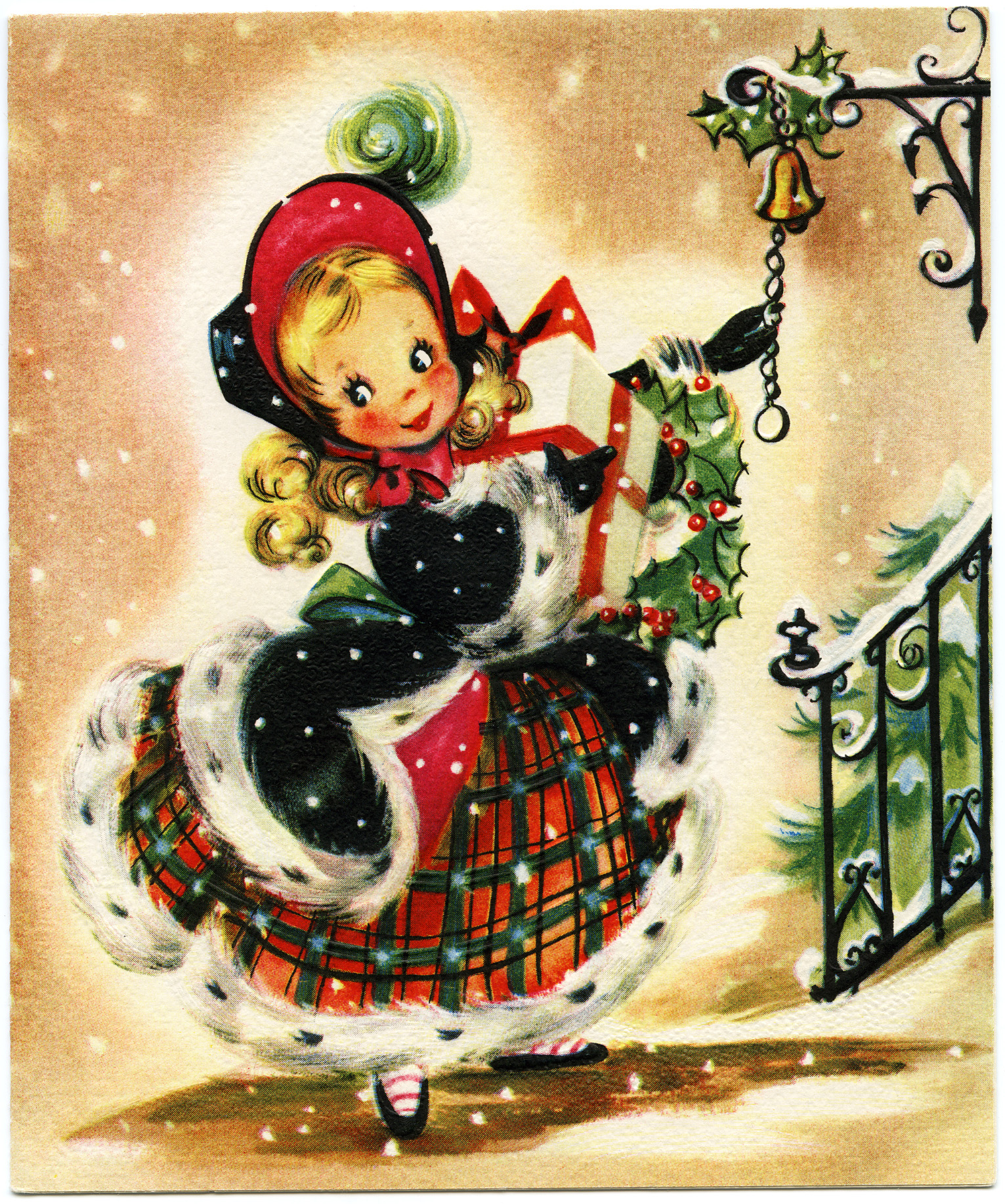 Girl with Gift Vintage Christmas Card.