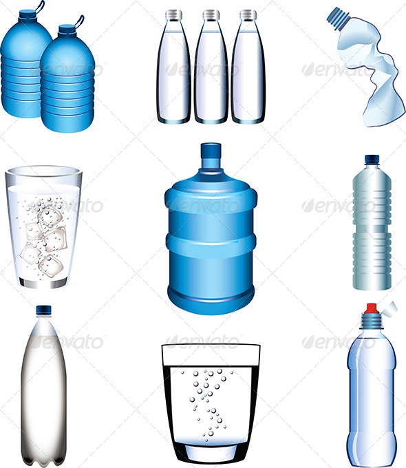 Water Bottle and Glasses Vector Set.