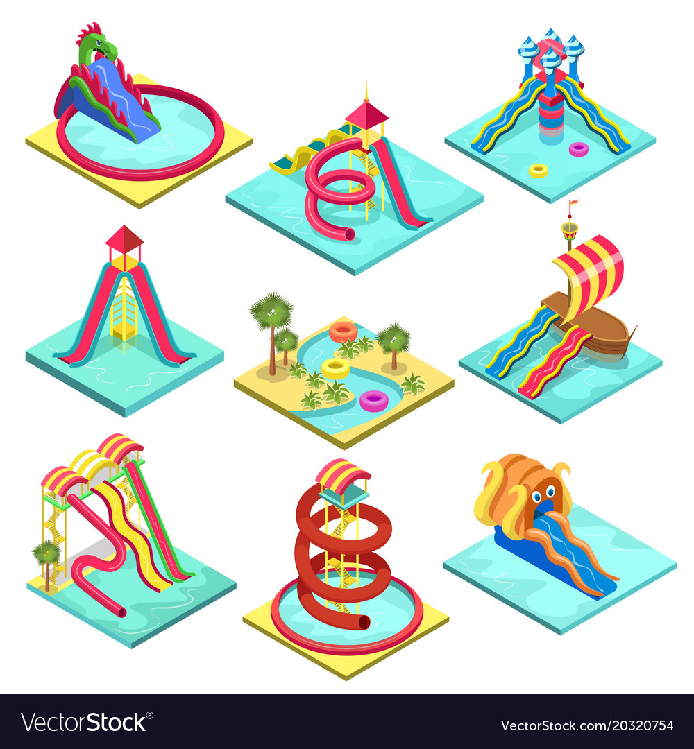 Aqua park water slides isometric 3d elements.