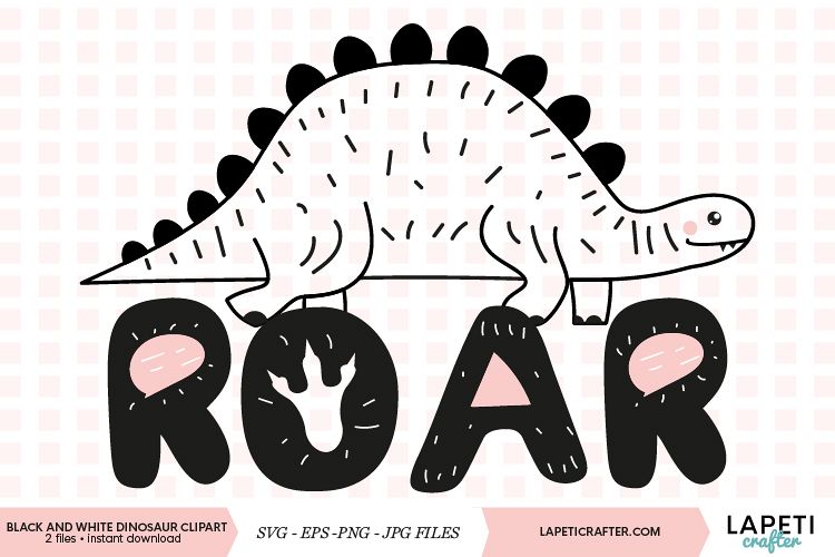 Black and white dinosaur clipart with transparent background.