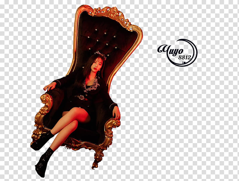 RED VELVET RBB, woman in black sits on arm chair with legs.