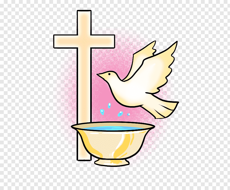 Yellow cross, bird, and bowl illustration, Baptism Symbol.