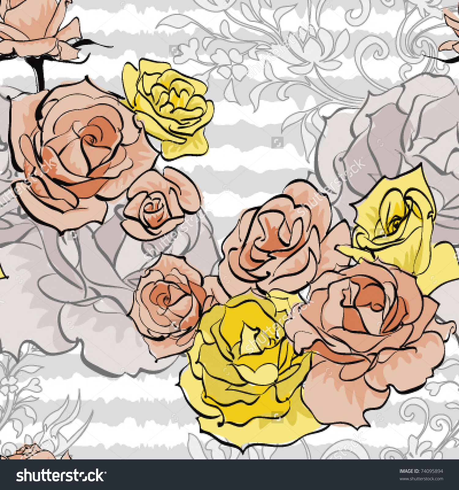 Pink Rose And Yellow Rose On White Stripe Background,Vector.