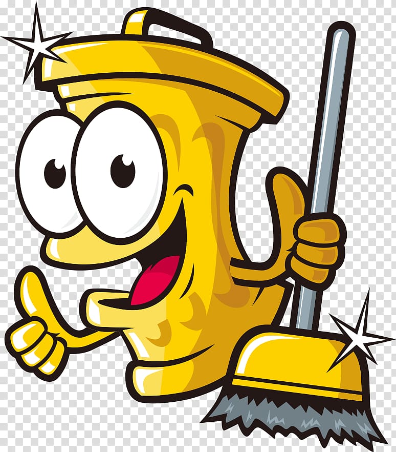 Yellow trash bin character holding broom , Cartoon Waste.