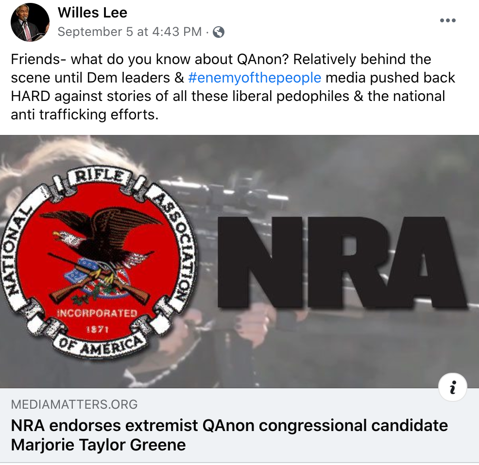 Lee said Q was "relatively behind the scenes" until democrats ran defense for pedophiles