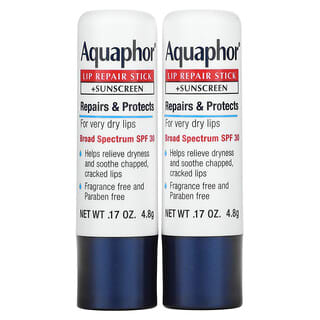 Aquaphor, Lip Repair Stick + Sunscreen, SPF 30, Fragrance Free, 2 Sticks, 0.17 oz (4.8 g) Each