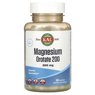 KAL, Orotato de magnesio 200, 200 mg, 120 cápsulas vegetales (50 mg por cápsula)