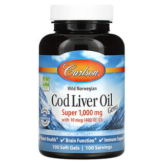 كارلسون‏, Cod Liver Oil Gems من سمك القد النرويجي البري، منتج فائق، 1000 ملجم، 100 كبسولة هلامية