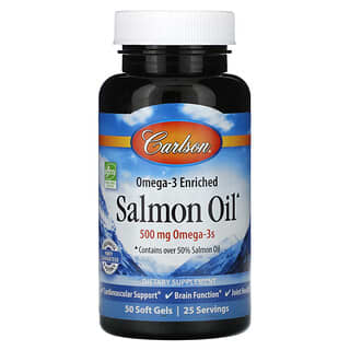 Carlson, Omega-3 Enriched Salmon Oil, mit Omega-3 angereichertes Lachsöl, 500 mg, 50 Weichkapseln (250 mg pro Weichkapsel)