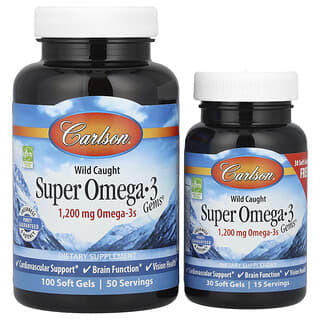 Carlson, Super Omega-3 Gems, омега-3 кислоти з риби дикого вилову, 1200 мг, 100+30 капсул (600 мг у капсулі)