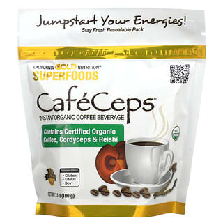 California Gold Nutrition, CaféCeps, Café instantané certifié biologique à la poudre de cordyceps et de reishi, 100 g