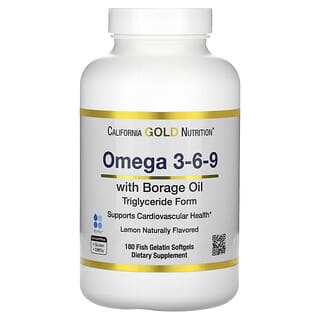 California Gold Nutrition, Aceite de pescado con omega-3, -6 y -9, y con aceite de borraja, Triglicéridos de origen noruego, Sabor natural a limón, 180 cápsulas blandas