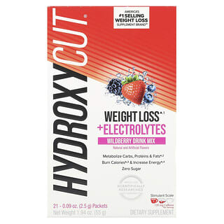 Hydroxycut, Weight Loss + Electrolytes Drink Mix, Trinkmischung für die Gewichtsreduktion + Elektrolyte, Wildbeere, 21 Päckchen, je 2,5 g (0,09 oz.).