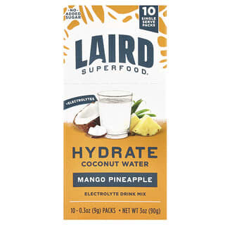 Laird Superfood, Agua de coco hidratante, Mezcla para preparar bebidas con electrolitos, Mango y piña, 10 sobres individuales, 9 g (0,3 oz) cada uno