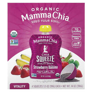 Mamma Chia, Bocadillo orgánico para exprimir la vitalidad de chía, Fresa y plátano, Paquete de 4, 99 g (3,5 oz) cada uno