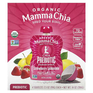 Mamma Chia, Bocadillo prebiótico de chía orgánica, Limonada de fresa, Paquete de 4, 99 g (3,5 oz) cada uno