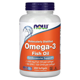 NOW Foods, Aceite de pescado con omega-3, 1000 mg, 180 EPA/120 DHA, 200 cápsulas blandas