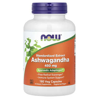 NOW Foods, Ashwagandha, standaryzowany ekstrakt, 450 mg, 180 kapsułek roślinnych