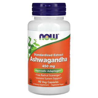 NOW Foods, Ashwagandha, Extrato Padronizado, 450 mg, 90 Cápsulas Vegetais