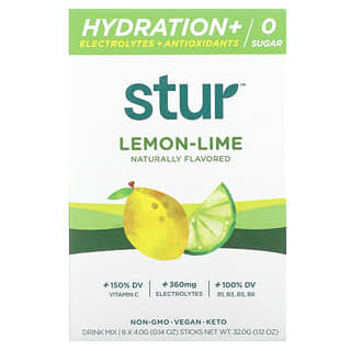 Stur, Miscela per bevande idratazione, elettroliti e antiossidanti, limone e lime, 8 stick, 4 g ciascuno