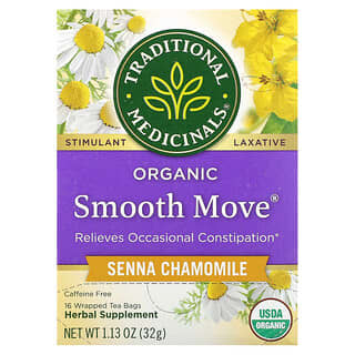 Traditional Medicinals, Smooth Move, Producto orgánico, Manzanilla y Senna, Sin cafeína, 16 bolsitas de té envueltas, 32 g (1,13 oz)