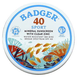 Badger, Sport, Mineral Sunscreen with Clear Zinc, SPF 40, Unscented, 2.4 oz (68 g)