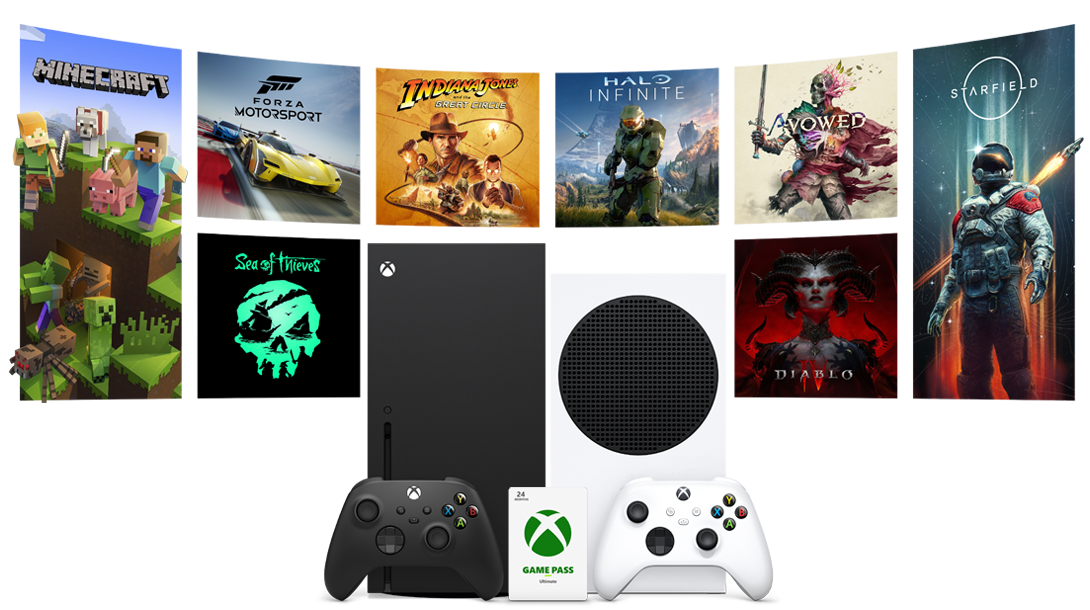 Xbox Series X and Xbox Series S with Game Pass Card, infront of Minecraft, Forza Motorsport, Sea of Thieves, Halo Infinite, Avowed, Diablo 4 and Starfield boxshots