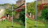 Two side-by-side images show the Vileda Sun-Rise 50m Outdoor Rotary Clothes Dryer open and closed.