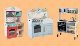 Three toy kitchens on a patterned orange background