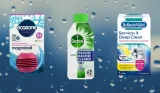 Best washing machine cleaner hero image. Three products from Ecozone, Dettol and Dr Beckman standing side by side on a background that features water droplets