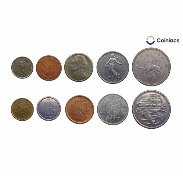 10 Different Countries Coins Set of Foreign Nuismatics Coins (, (Malaysia, Canada, Singapore, USA, Germany, France, UK, Belgium, Australia, Saudi Arabia) - COINIACS