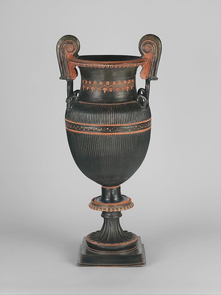 Pair of terracotta volute-kraters (vases for mixing wine and water) with stands, Terracotta, Greek, South Italian, Apulian